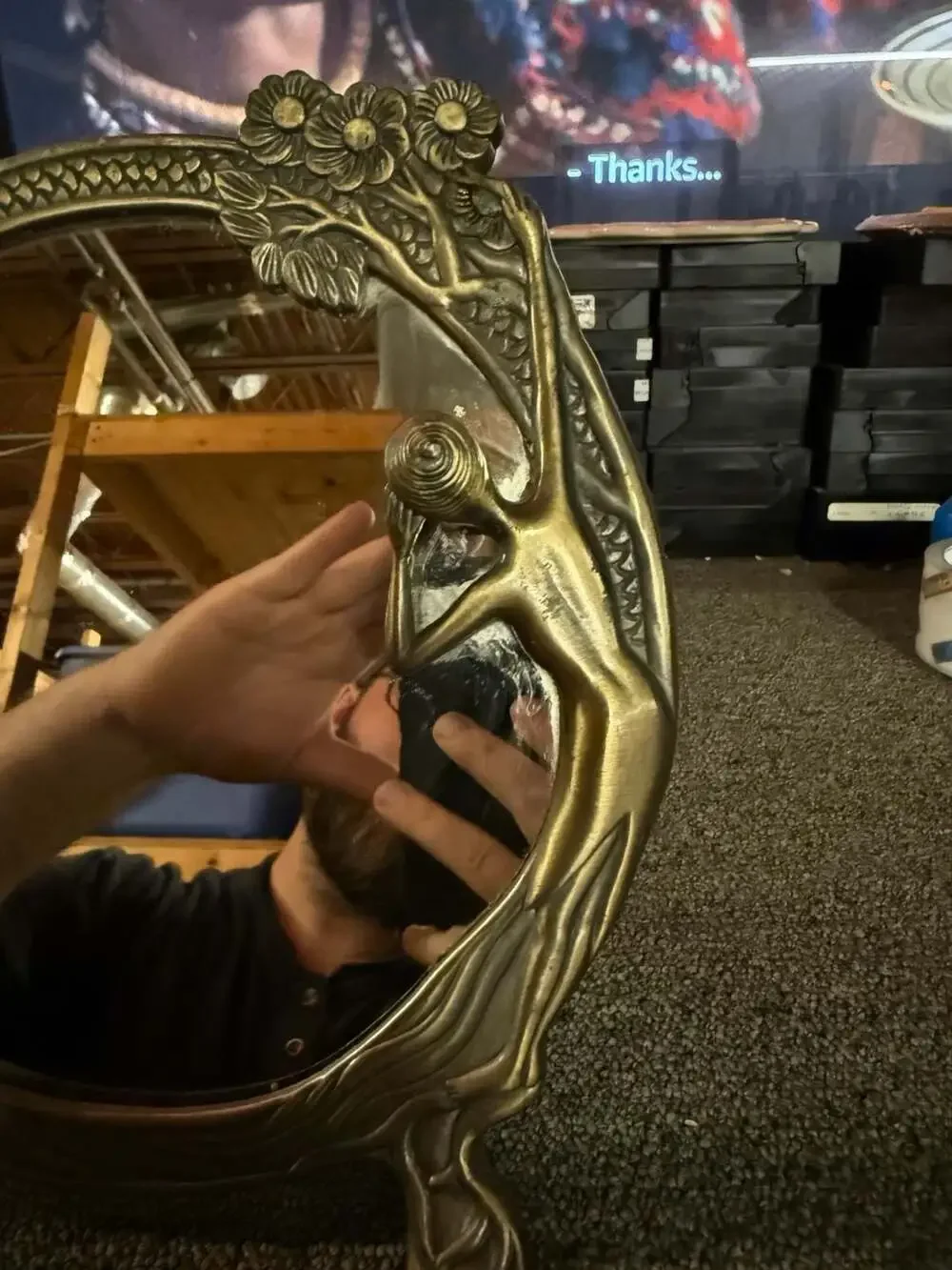 Vintage Art Nouveau Style Round Brass Finish Tabletop Vanity Mirror with Maiden